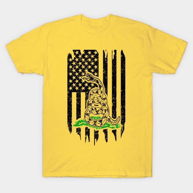 Distressed Flag & Don't Tread On Me Yellow T-Shirt by Rebranded_Customs